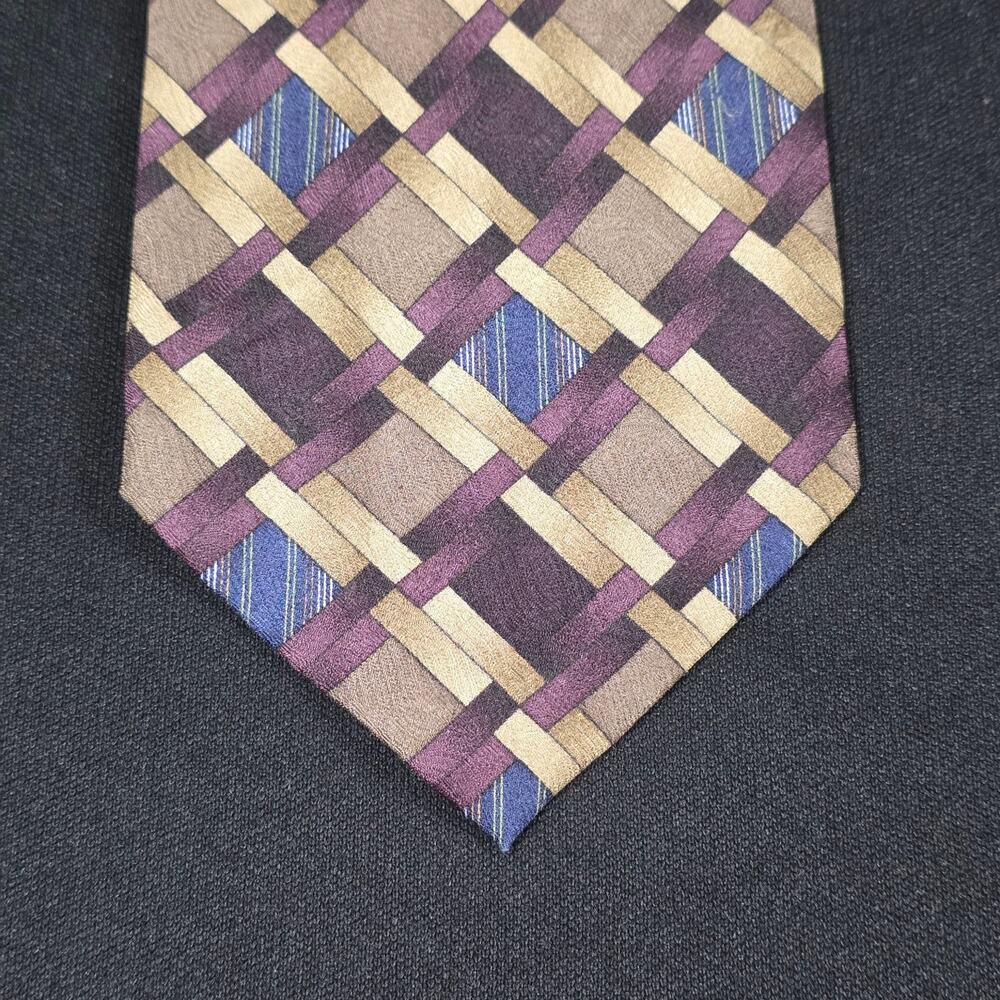 Mezzano Men's Purple Gold Blue Silk Tie Geometric Pattern